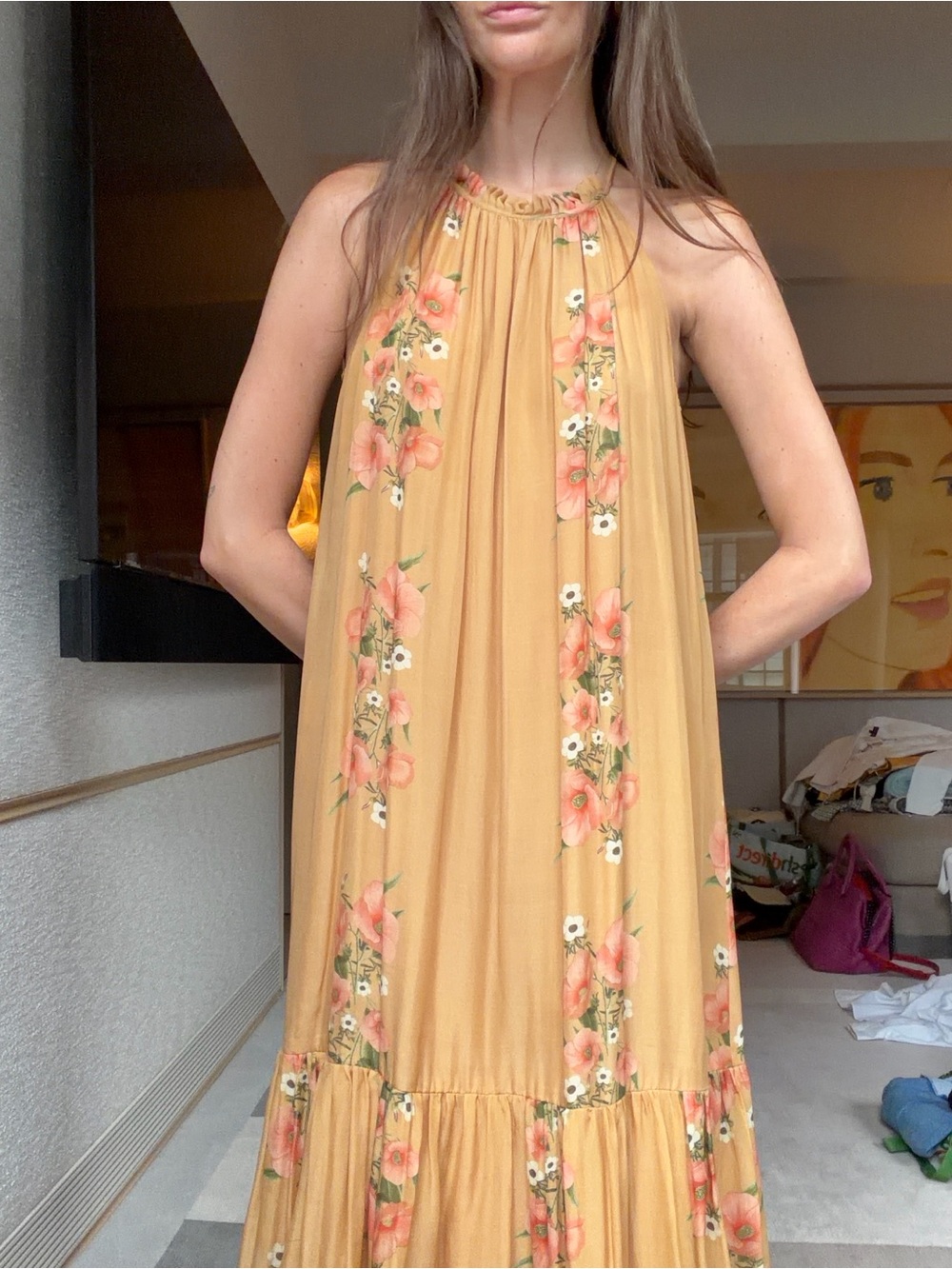 Sunset Floral Halter Maxi Dress - Mustard